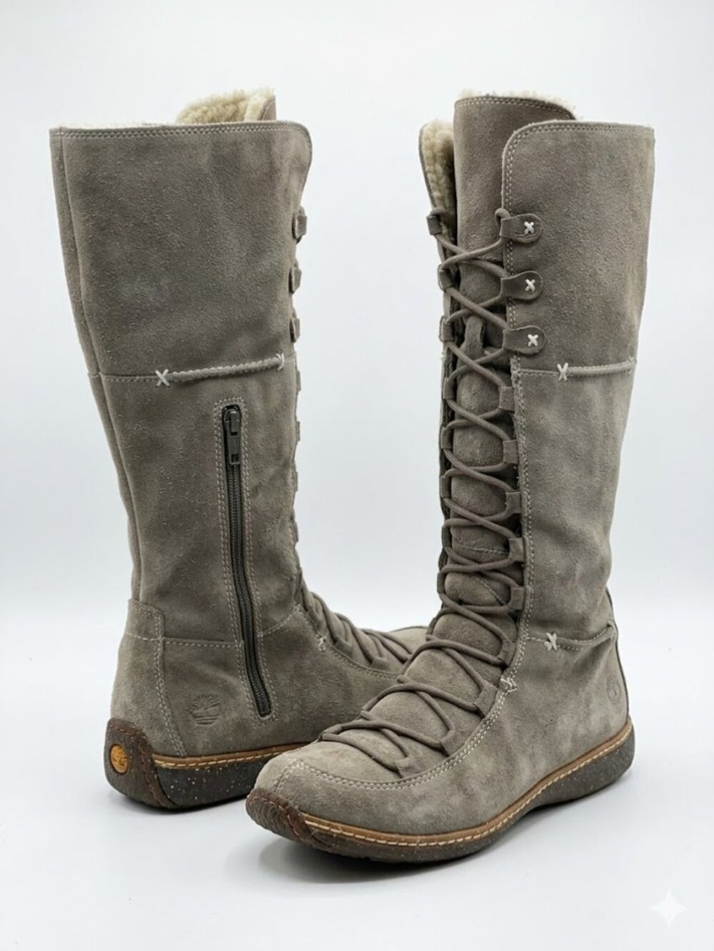 Timberland Tall Lace Up Boots Womens 7 Gray Leather Shearling Lined Winter Boots